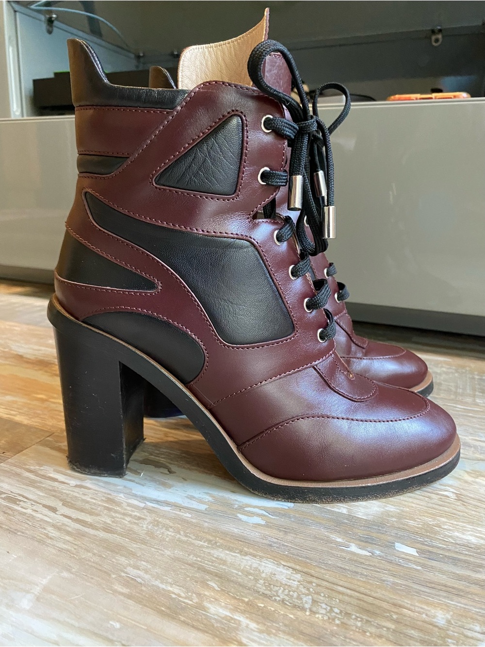 Lace-Up Heeled Ankle Boots in Burgundy and Black